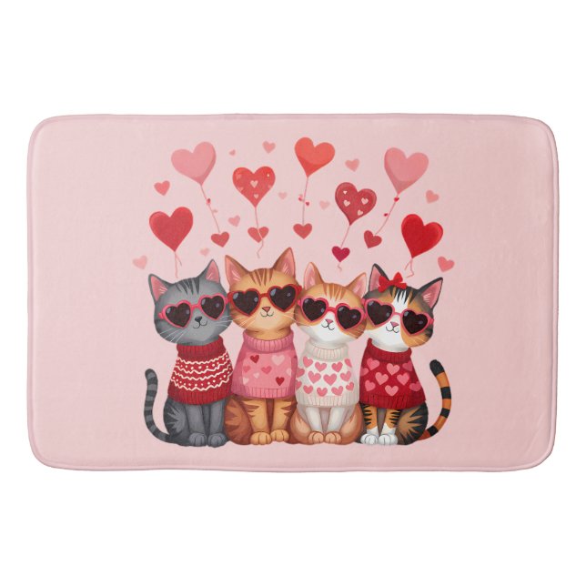Cute Valentine Cats in Heart Sunglasses Bath Mat (Front)