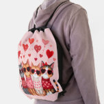 Cute Valentine Cats in Heart Sunglasses Drawstring Bag