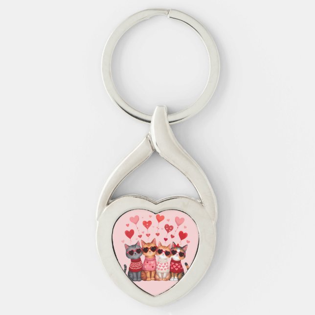 Cute Valentine Cats in Heart Sunglasses Keychain (Front)