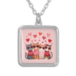 Cute Valentine Cats in Heart Sunglasses Silver Plated Necklace