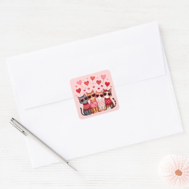 Cute Valentine Cats in Heart Sunglasses Square Sticker (Envelope)