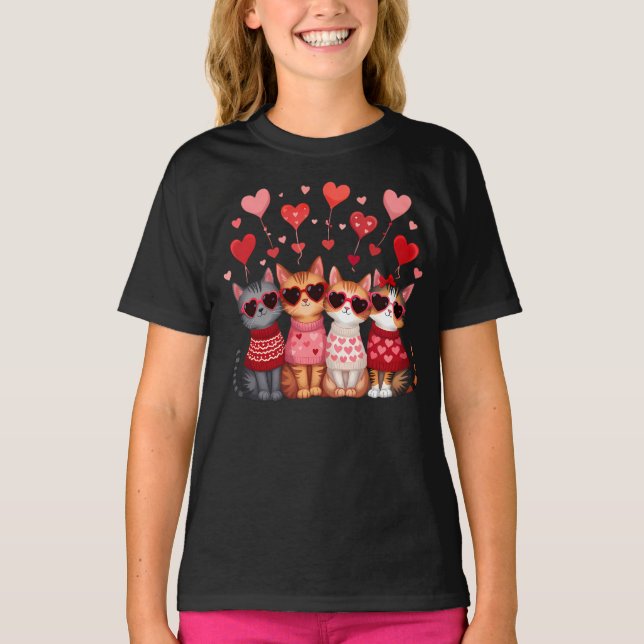 Cute Valentine Cats in Heart Sunglasses T-Shirt (Front)