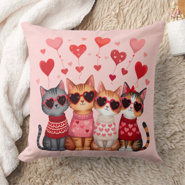 Cute Valentine Cats in Heart Sunglasses Throw Pillow (Blanket)