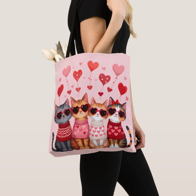 Cute Valentine Cats in Heart Sunglasses Tote Bag (Close Up)