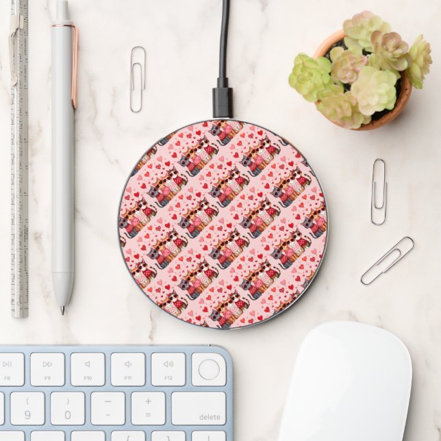 Cute Valentine Cats in Heart Sunglasses Wireless Charger (Desk)