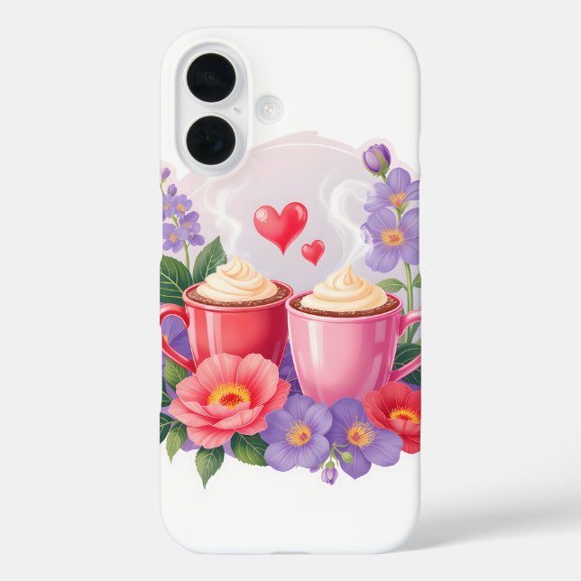 Cute Valentine Cocoa Mugs with Flowers & Hearts Case-Mate iPhone Case (Back)