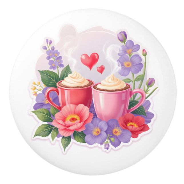 Cute Valentine Cocoa Mugs with Flowers & Hearts Ceramic Knob (Front)