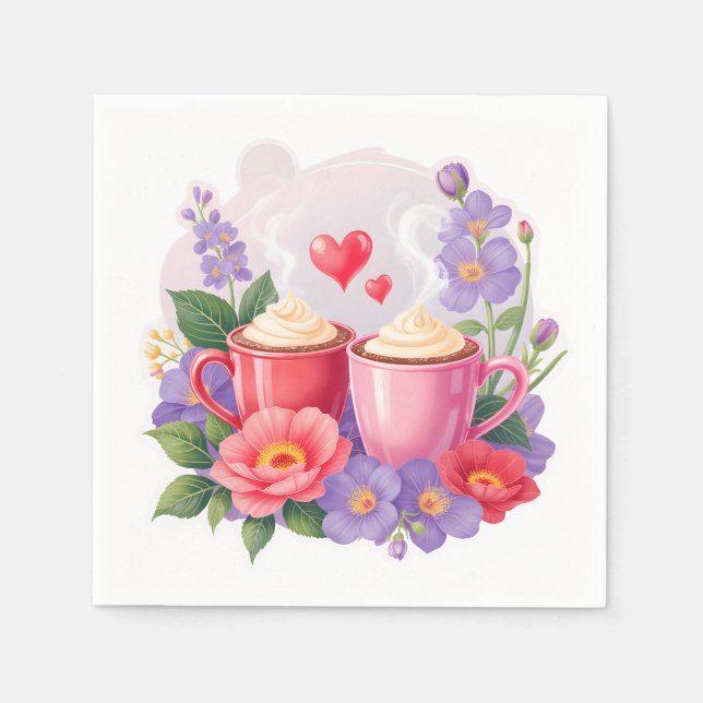 Cute Valentine Cocoa Mugs with Flowers & Hearts Napkins (Front)