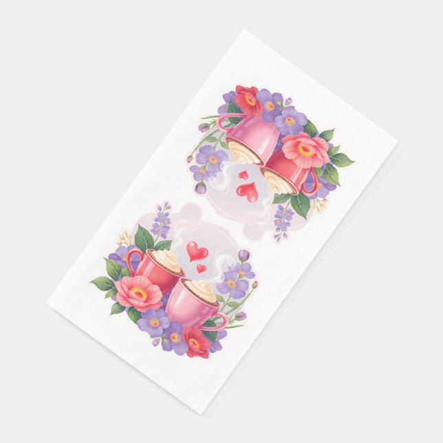Cute Valentine Cocoa Mugs with Flowers & Hearts Paper Guest Towels (Corner)
