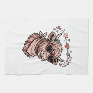 Cute Valentine Cow Vintage Engraving Heart Glasses Kitchen Towel