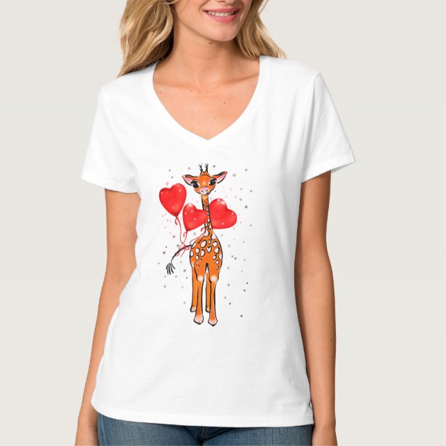 Cute Valentine day giraffe heart balloons  T-Shirt (Front)