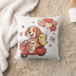 Cute Valentine Dog Scooter Heart Balloons Custom Throw Pillow