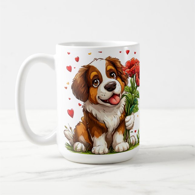 Cute Valentine Dog With Flowers Coffee Mug Gift (Left)