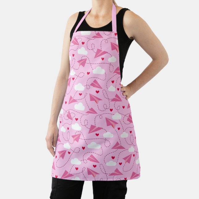 Cute Valentine Flying Airplane Red Pink Hearts Apron (Insitu)