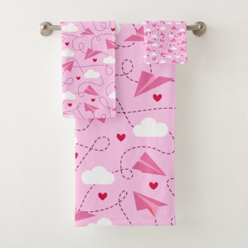 Cute Valentine Flying Airplane Red Pink Hearts Bath Towel Set