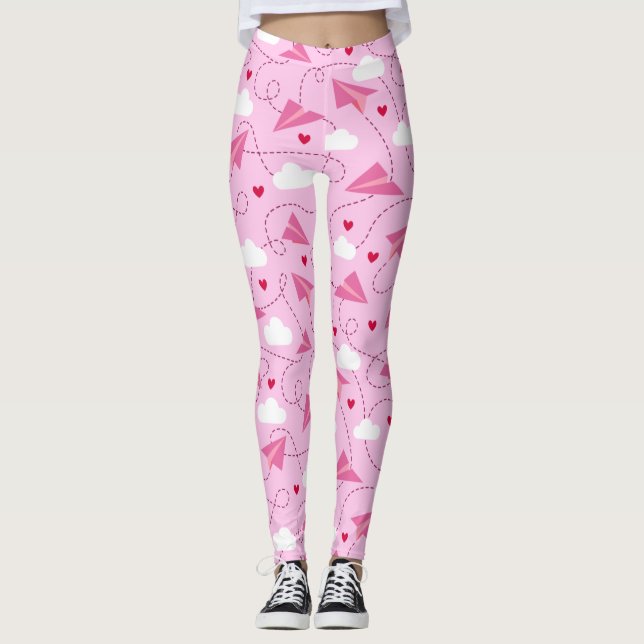 Cute Valentine Flying Airplane Red Pink Hearts Leggings (Front)