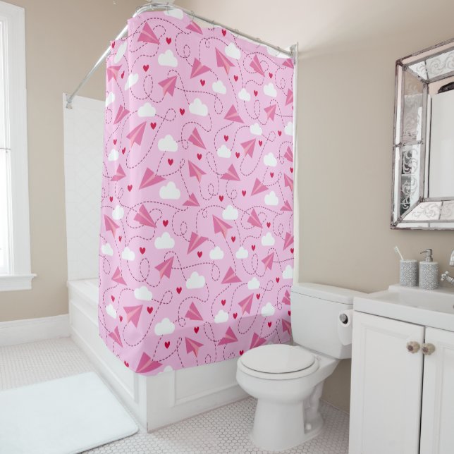 Cute Valentine Flying Airplane Red Pink Hearts Shower Curtain (In Situ)