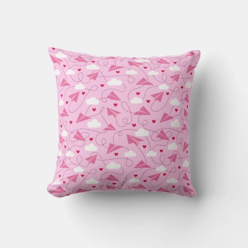 Cute Valentine Flying Airplane Red Pink Hearts Throw Pillow