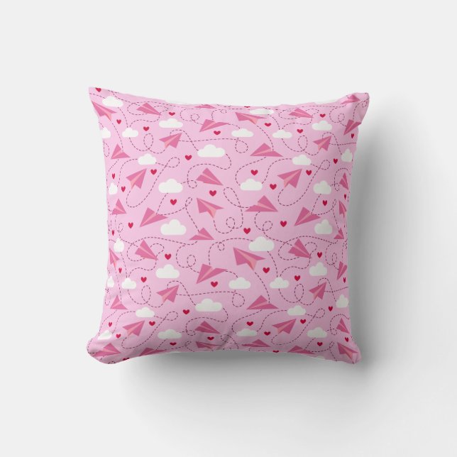 Cute Valentine Flying Airplane Red Pink Hearts Throw Pillow (Front)
