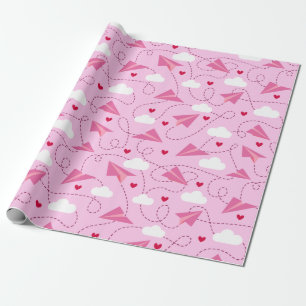 Cute Valentine Flying Airplane Red Pink Hearts Wrapping Paper