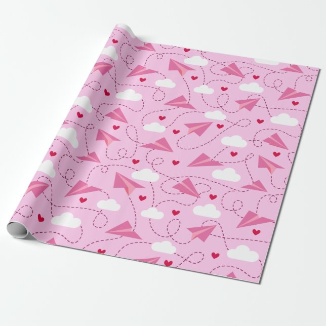 Cute Valentine Flying Airplane Red Pink Hearts Wrapping Paper (Unrolled)