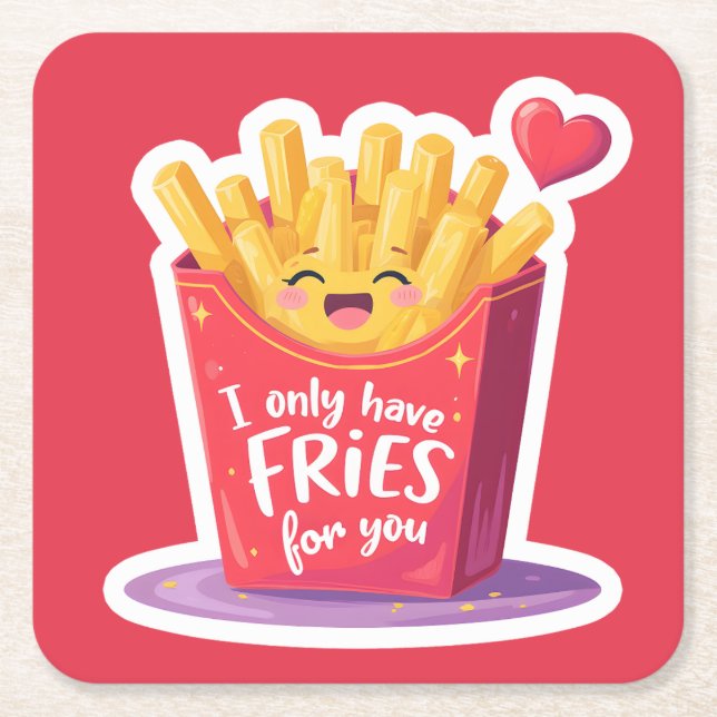 Cute Valentine French Fries Pun Square Paper Coaster (Front)