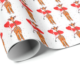 Cute valentine giraffe with heart balloons wrapping paper