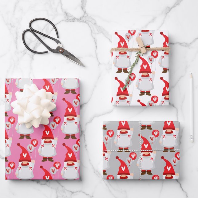 Cute Valentine Girl Gnome Pattern Wrapping Paper Sheets (Front)