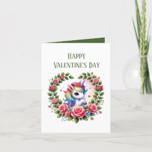 Cute Valentine girls unicorn add message  Holiday Card
