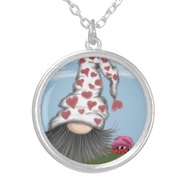 Cute Valentine Gnome Silver Plated Necklace (Front)