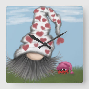 Cute Valentine Gnome Square Wall Clock
