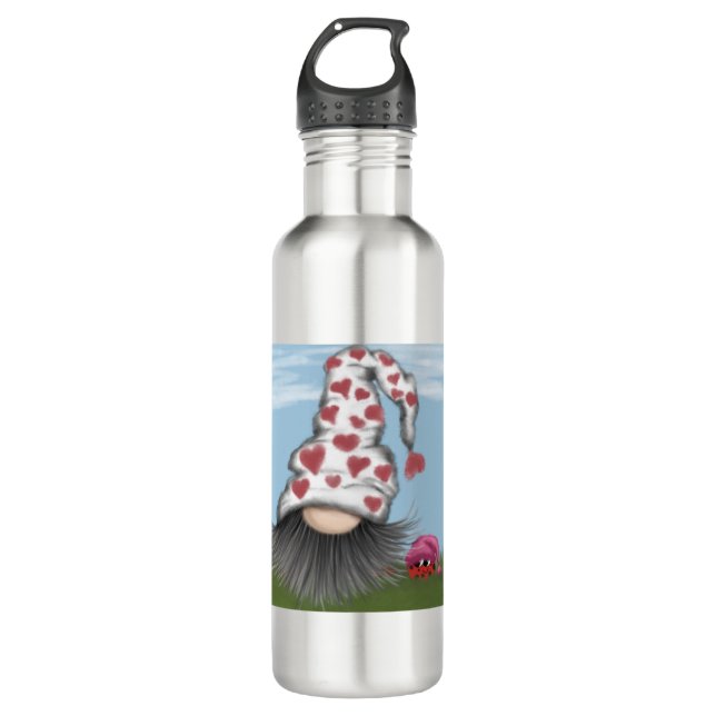 Cute Valentine Gnome Stainless Steel Water Bottle (Front)