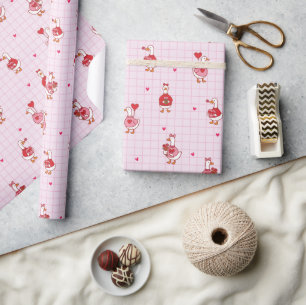 Cute Valentine Goose Pattern Hearts Pink Grid  Wrapping Paper