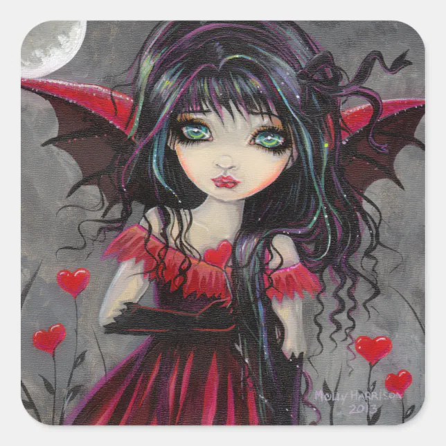 Cute Valentine Gothic Fairy Vampire with Hearts Square Sticker | Zazzle