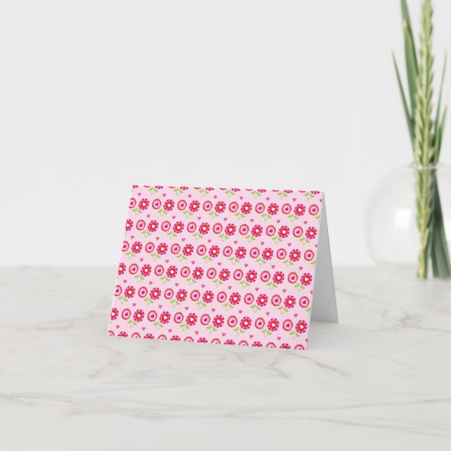 Cute Valentine Heart Flower Pattern Pink Red Note Card (Front)