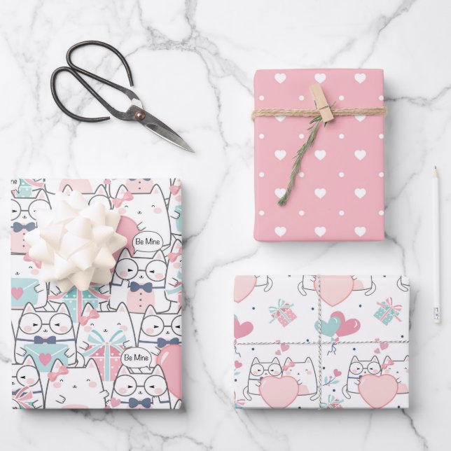 Cute Valentine Heart Love Cats Pattern Wrapping Paper Sheets (Front)