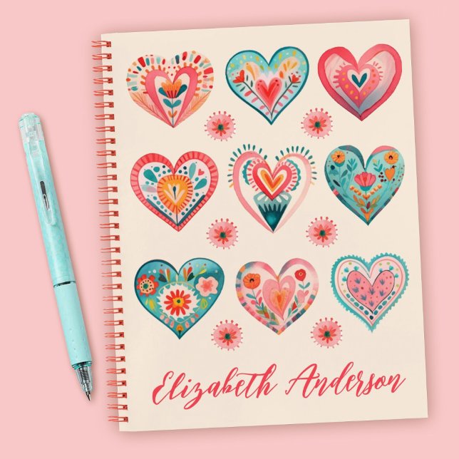 Cute Valentine Heart Pattern Notebook (A cute watercolor hearts personalized journal. Makes a great gift for Valentines Day!)