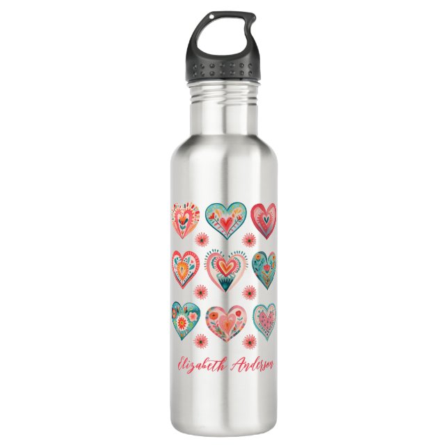 Cute Valentine Heart Pattern Stainless Steel Water Bottle (Front)