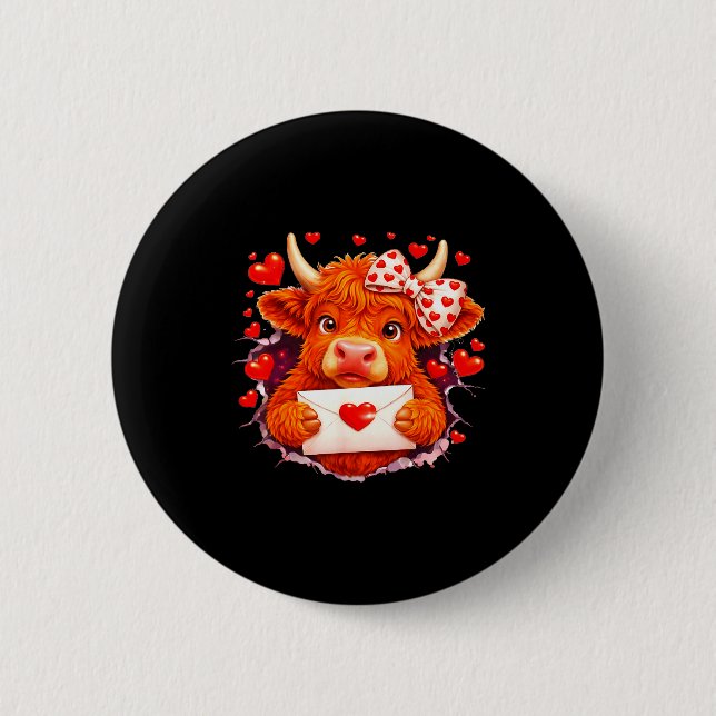 Cute Valentine Highland Cow With Heart Bow Western Button (Front)