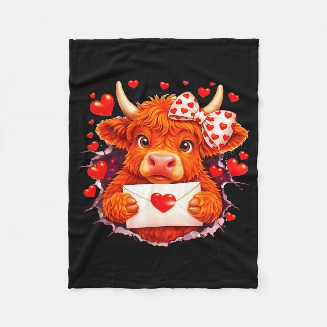 Cute Valentine Highland Cow With Heart Bow Western Fleece Blanket (Front)
