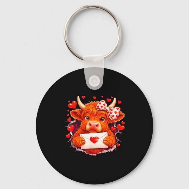Cute Valentine Highland Cow With Heart Bow Western Keychain (Front)
