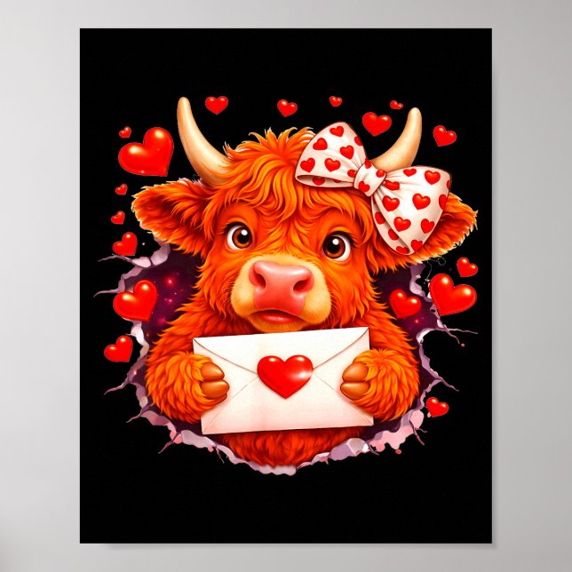 Cute Valentine Highland Cow With Heart Bow Western Poster (Front)