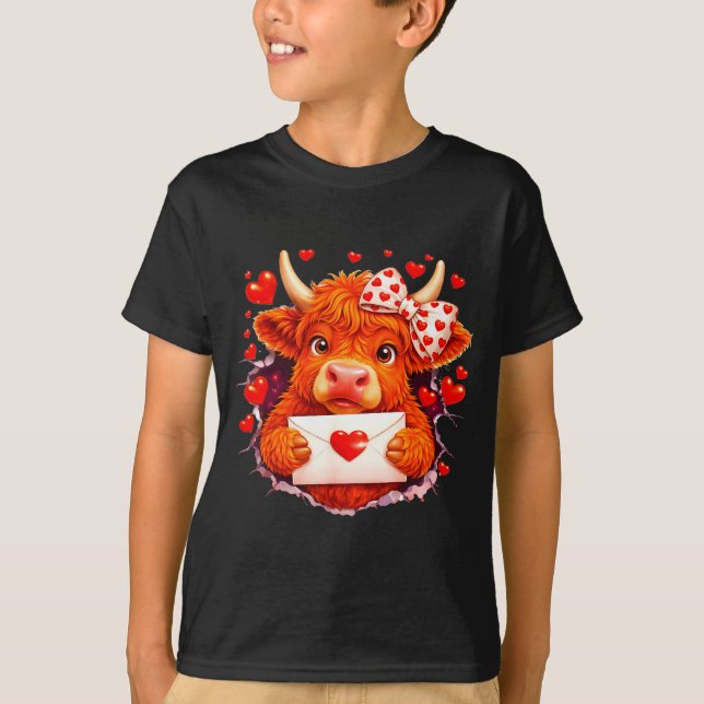 Cute Valentine Highland Cow With Heart Bow Western T-Shirt (Front)