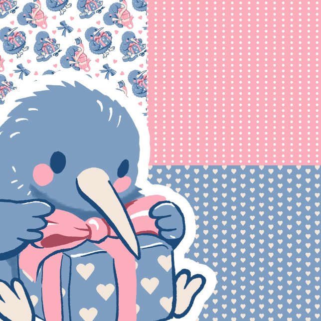 Cute Valentine Kiwi Bird Hearts Bow Soft Pink Blue Wrapping Paper Sheets (Cute kiwi bird Valentine gift wrap with hearts, bows, and soft pastel patterns for sweet celebration)