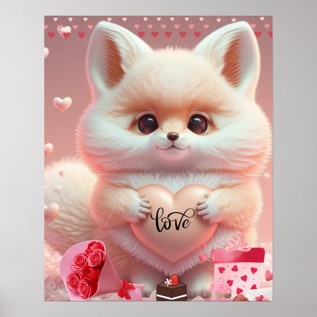 Cute valentine orange fox holding heart Love Art Poster (Front)