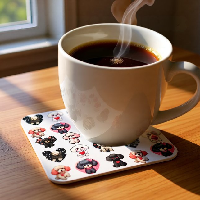 Cute Valentine Poodle Dog with Heart Patterns Beverage Coaster (Cute Valentine Poodle Dog with Heart Patterns Beverage Coaster)