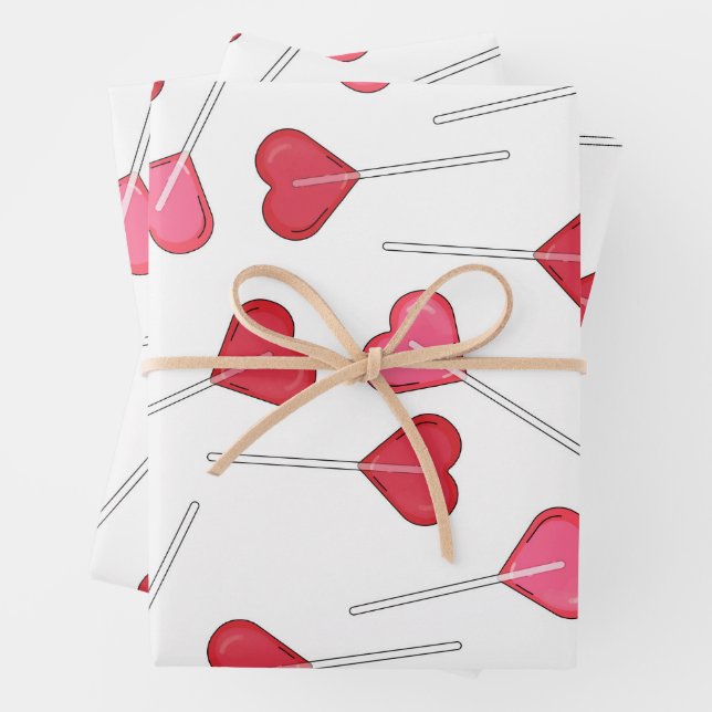Cute Valentine Red Heart | Lollipop Pattern    Wrapping Paper Sheets (In situ)