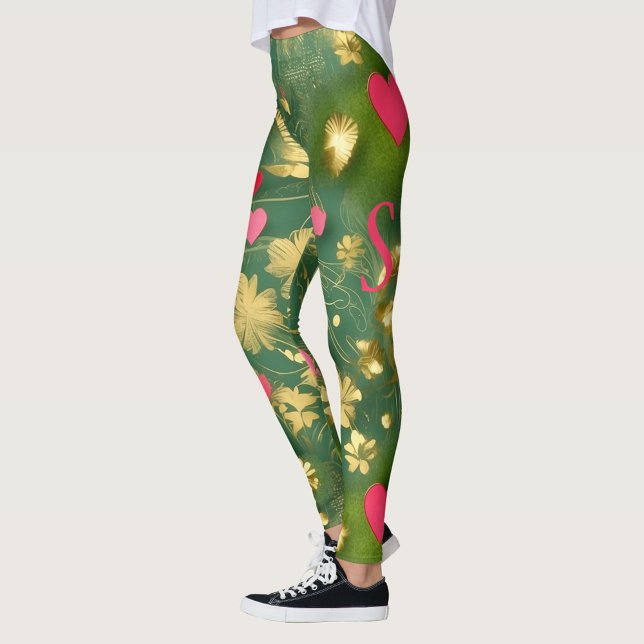 Cute Valentine’s Day moss green pink floral hearts Leggings (Creator Uploaded)