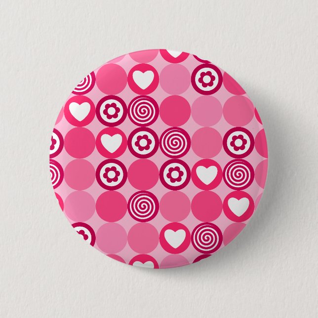Cute Valentine’s Day Pink Heart and Flower Pattern Button (Front)