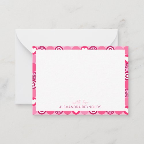 Cute Valentineâs Day Pink Heart and Flower Pattern Note Card